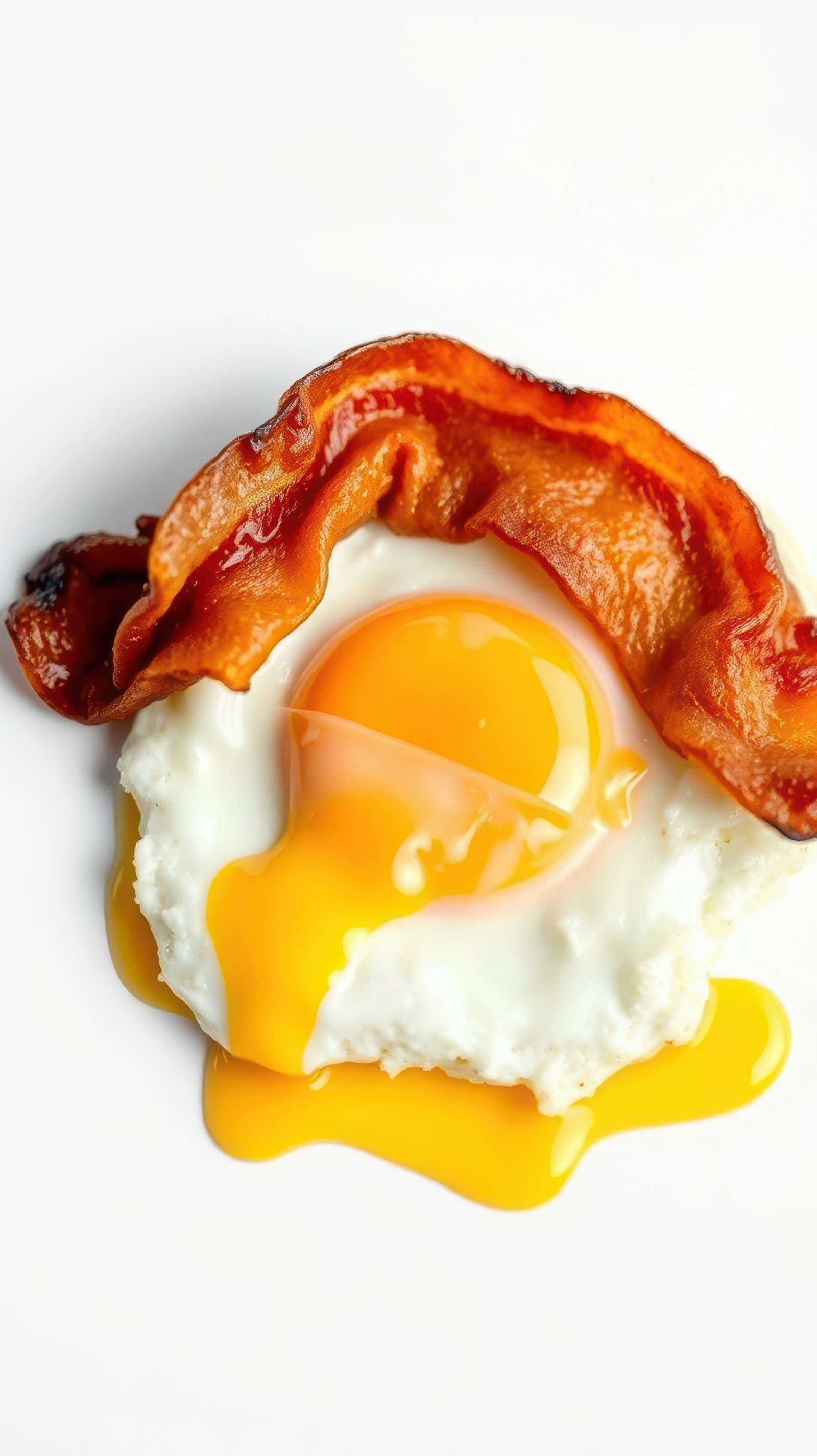 Crispy bacon resting on a sunny side up egg with golden yolk ready for breakfast